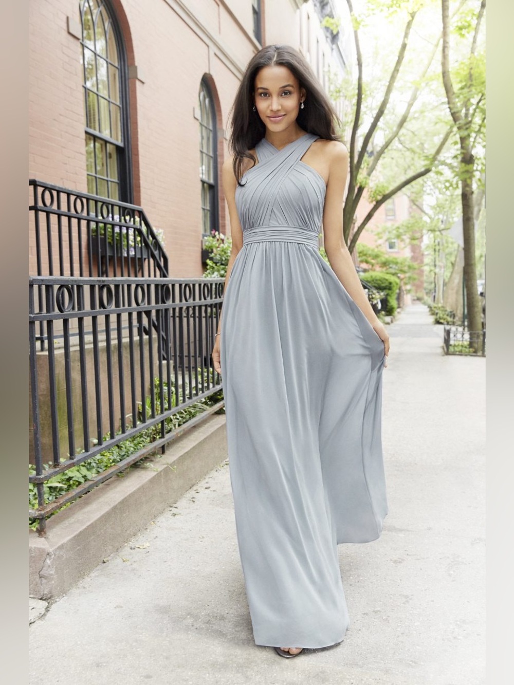 Light Blue Pleated Chiffon Maxi Dress with Crossed Bodice
